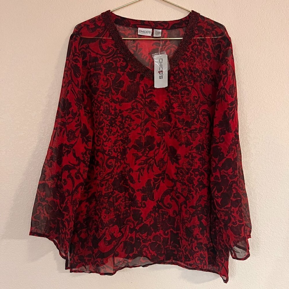 CHICO'S Rouge Shine Baka Tunic LS Shirt Cardinal 100% Silk NWT